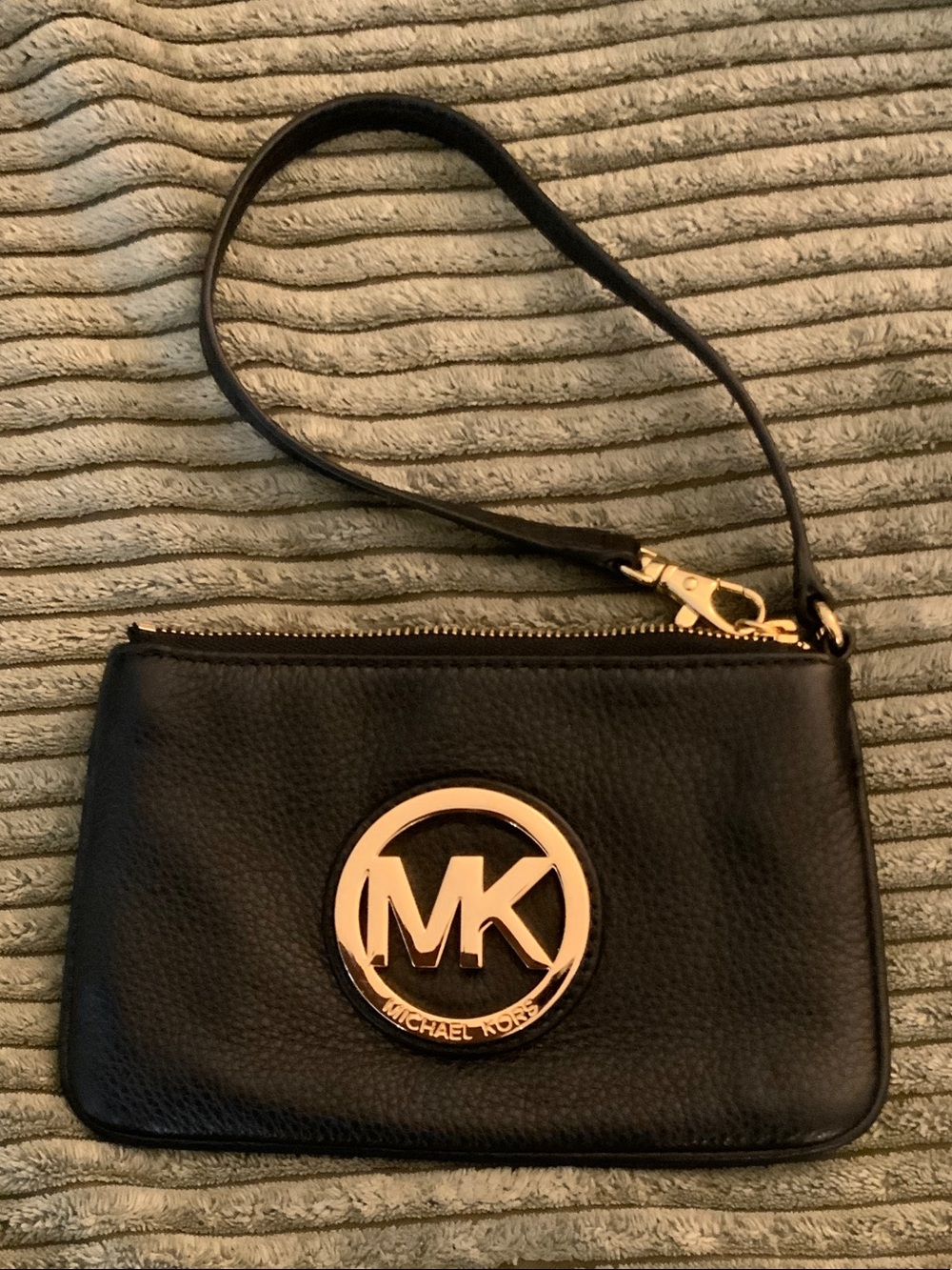 Michael Kors Black Leather Wristlet with Gold MK Emblem